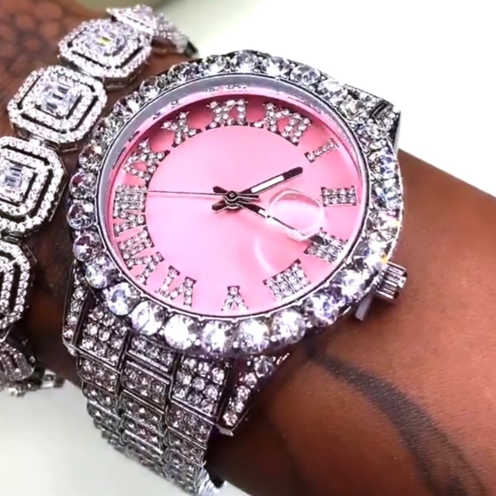 Silver pink watch ,THE HIP HOP Big Dial Full Iced Out ,Men Watches - Picture 2 of 5